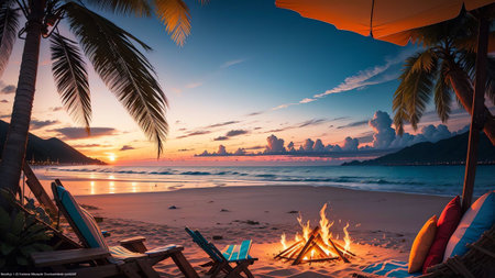 Bonfire Bliss A Captivating Photograph of a Beach Bonfire AI Generated.の素材