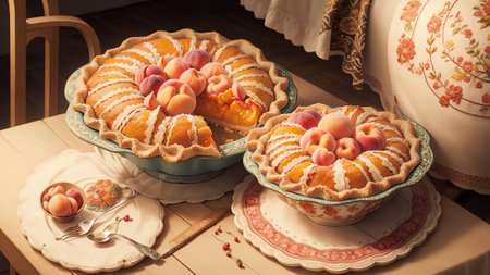 Stitched Sweetness Celebrating National Peach Pie Day in Thread and Fabric AI Generated.の素材