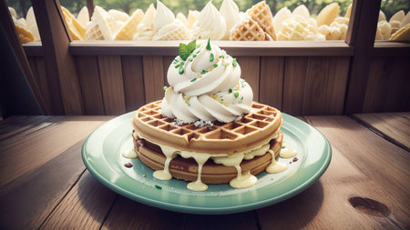 Serenity in Sweetness Green Tea Ice Cream Delight on National Waffle Day AI Generated.の素材