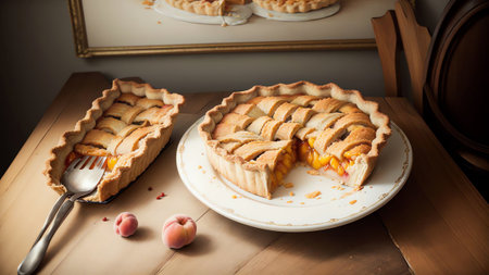 A Slice of Peachy Heaven Celebrating National Peach Pie Day with an Exquisite Oil Painting AI Generated.の素材