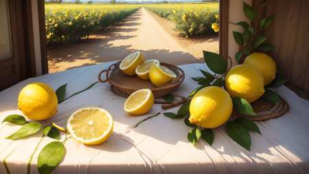 Lemon Grove Serenity Celebrating National Lemon Juice Day with a Captivating Lemon Tree Photograph AI Generated.の素材