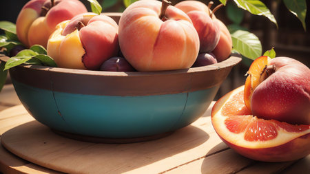 Juicy Delights Celebrating National Peach Pie Day with Ripe and Vibrant Peaches AI Generated.の素材