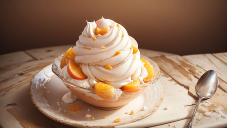 Frozen Delicacy A Captivating Photograph of Peach Ice Cream for National Eat a Peach Day AI Generated.の素材