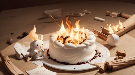 Paper Perfection Celebrating National Toasted Marshmallow Day with a Whimsical Paper Art Roasting Stick AI Generated.の素材