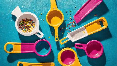 Rainbow Delights Capturing the Vibrant Measuring Cups of National Chocolate Chip Cookie Day AI Generated.の素材