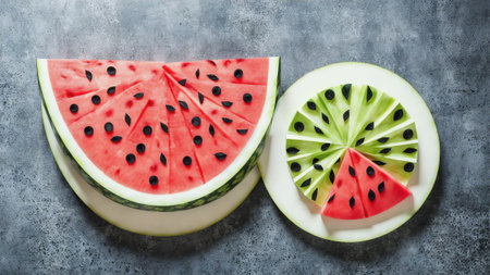 Paper Delights A Vibrant Paper Art Celebrating the Freshness of Watermelon Salad on National Watermelon Day AI Generated.の素材