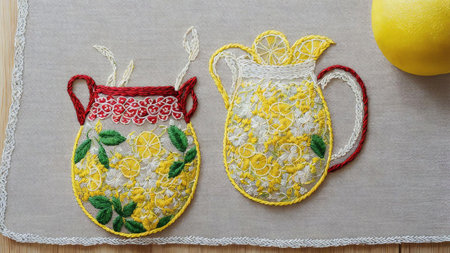 Stitched Refreshment Celebrating National Lemonade Day with an Embroidered Pitcher AI Generated.の素材