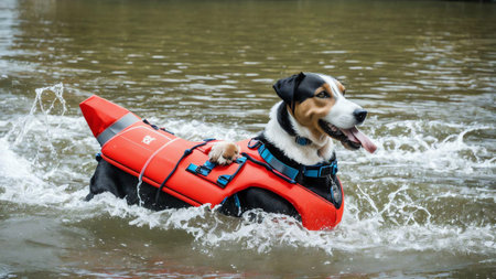 Safety and Fun Celebrating National Dog Day with a Splash and a Life Jacket AI Generated.の素材