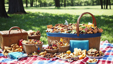 Delicious Delights A Vibrant Trail Mix Picnic Cooler for National Trail Mix Day AI Generated.の素材