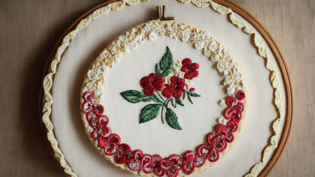 Embroidered Delights Celebrating National Banana Lovers Day with a Stitched Banana Cream Pie AI Generated.の素材