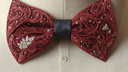Stitched Elegance Celebrating National Bow Tie Day with Embroidered Art AI Generated.の素材
