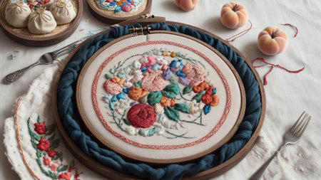 Threaded Delicacy An Exquisite Embroidery of Peach Dumplings AI Generated.の素材