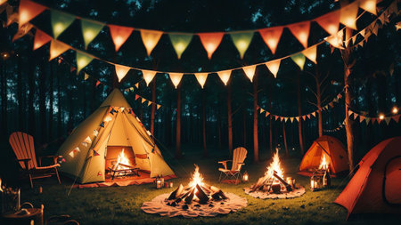 Campsite Bliss A Whimsical Illustration Celebration of National S mores Day AI Generated.の素材