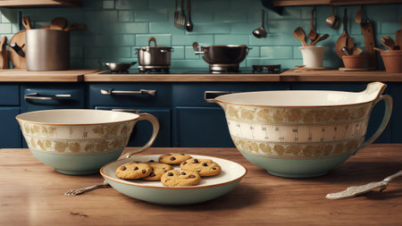 Vintage Measuring Cups A Sweet Celebration of National Chocolate Chip Cookie Day AI Generated.の素材