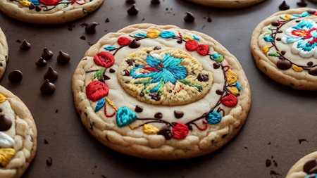 Stitched Delight Vanilla infused Chocolate Chip Cookie Embroidery AI Generated.の素材