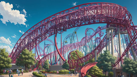 Thrilling Colors Celebrating National Roller Coaster Day with an Iconic Landmark AI Generated.の素材