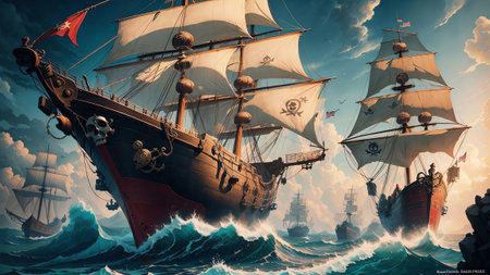 Sailing into Adventure Vibrant Pirate Ship s Sails on Talk Like a Pirate Day AI Generated.の素材