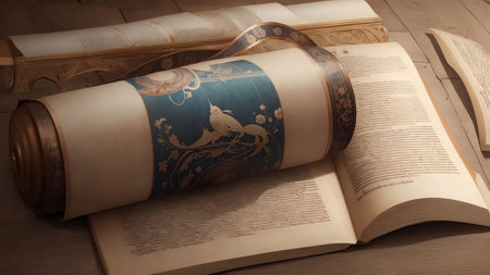 Unraveling Words Celebrating International Translation Day with the Scroll of Knowledge AI Generated.の素材
