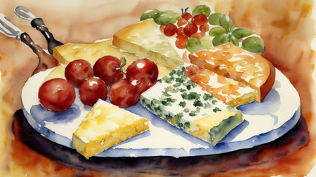 Cheese Symphony National Cheese Pizza Day Celebrated with a Watercolor Cheese Board AI Generated.の素材