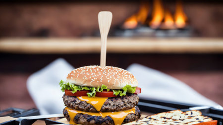 Tantalizing Temptation Celebrating National Cheeseburger Day with Grilled Perfection AI Generated.の素材