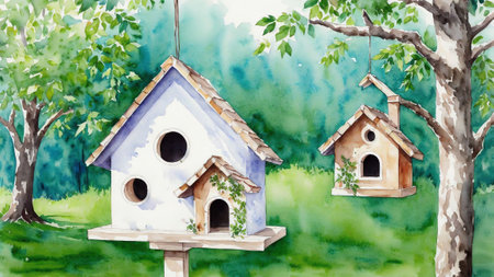 Nestled Together A Whimsical Birdhouse Celebrating National Good Neighbor Day AI Generated.の素材