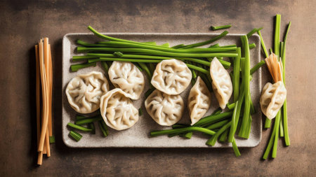 Scallion Symphony An Artistic Tribute to National Dumpling Day AI Generated.の素材