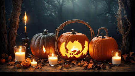 Bewitching Brew The Pumpkin Lantern s Mystical Glow AI Generated.の素材