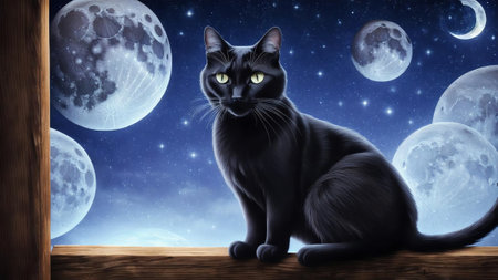 Mysterious Black Cat and Rat in Moonlight AI Generated.の素材