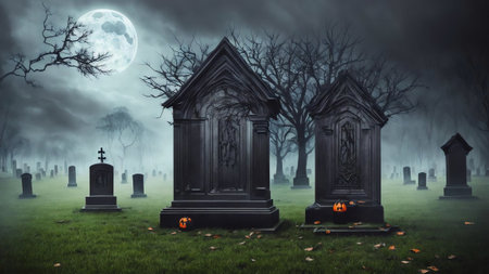 Enchanting Halloween Night Haunted House and Gravestone AI Generated.の素材