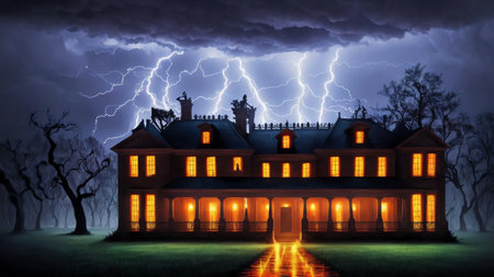 Thunderstruck Terror The Haunted Mansion in the Halloween Storm AI Generated.の素材