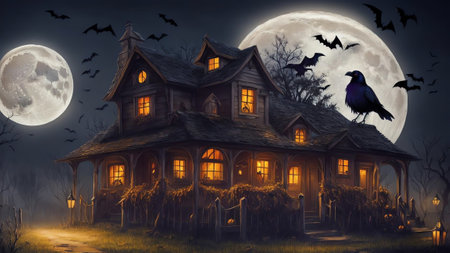 Enigmatic Raven on a Moonlit Scarecrow AI Generated.の素材