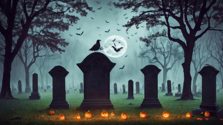 Midnight Shadows A Haunting Halloween Cemetery AI Generated.の素材