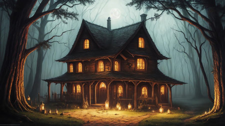 Moonlit Enchantment A Haunting Portrait of a Cackling Witch AI Generated.の素材