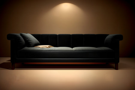 Black leather sofa with pillows in the roomの素材