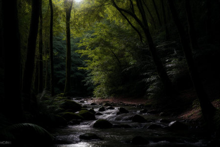 Serene Forest with Sunlight Peeking Through AI Generated.の素材