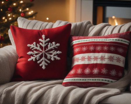 Festive Comfort Christmas Themed Pillows and Blankets AI Generated.の素材