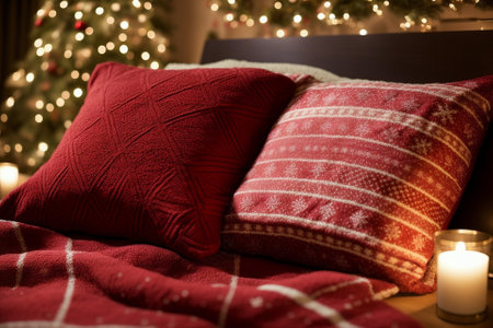 Festive Comfort Christmas Themed Pillows and Blankets AI Generated.の素材
