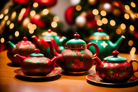Tea Time Delights Holiday Themed Teapots in Vibrant Splendor AI Generated.の素材