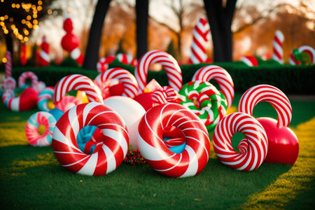 Festive Candy Cane Lawn Decorations in Vibrant Splendor AI Generated.の素材