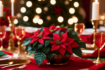 Festive Poinsettia Table Placements Vibrant Colors and Elegant Design AI Generated.の素材