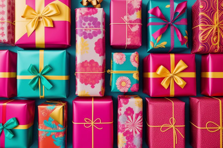 Unwrapping Joy Exploring the Colorful Patterns of Gift Wrapping Paper AI Generated.の素材