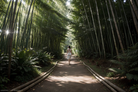 Tranquil Bamboo Forest Walk Sunlit Pathways Amidst Nature s Beauty AI Generated.の素材