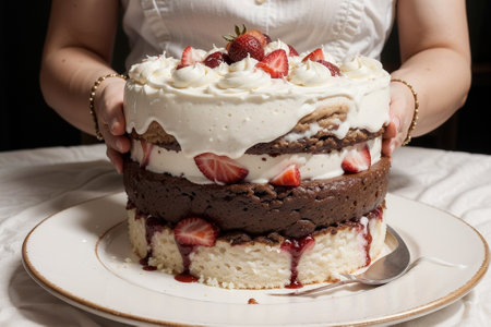 Mouthwatering Close up of a Delicious Cake on a Plate AI Generated.の素材