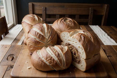 Tempting Roasted Bread Assortment on a Rustic Table AI Generated.の素材