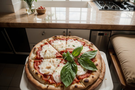 Mouthwatering Organic Pizza in a Kitchen AI Generated.の素材
