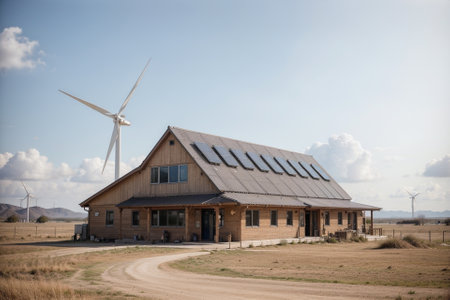 A Sustainable Vision Vintage Watercolor of Solar and Wind Energy Building AI Generated.の素材