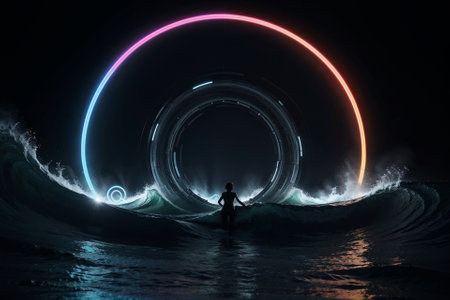 Neon Circle on Abstract Waves AI Generated.の素材