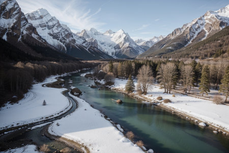 Serene Beauty of Snow Capped Mountains and Flowing River AI Generated.の素材