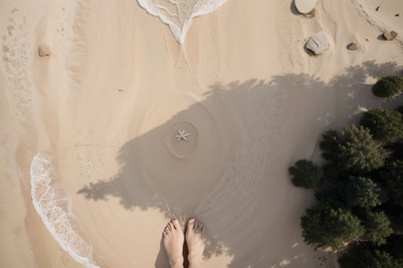 Serenity by the Sea Overhead View of a Lounge Mat on a Sandy Beach AI Generated.の素材