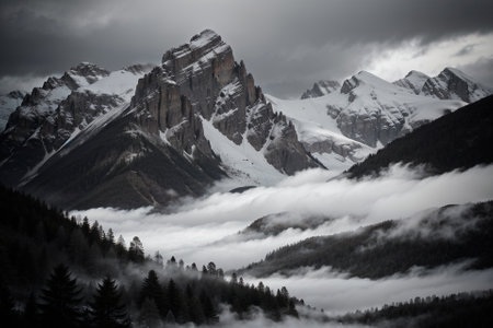 Towering Mountain Peaks Embraced by the Enchanting Forest AI Generated.の素材